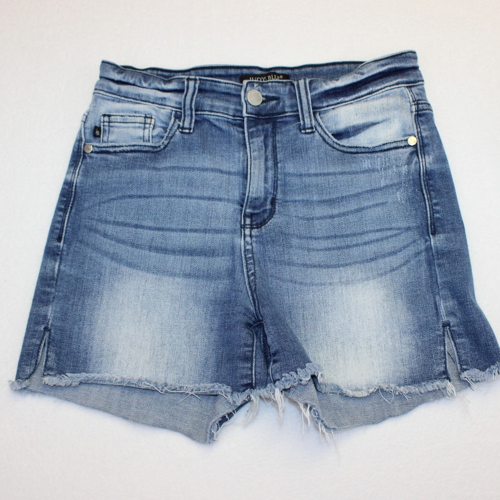 Judy Blue High Rise Raw Hem Denim Shorts Medium Wash JB15228 DK-CO Small